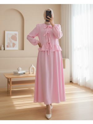 Modamorfo Önü Bağcıklı Kolu Lastikli Etekli Takım  -Pembe