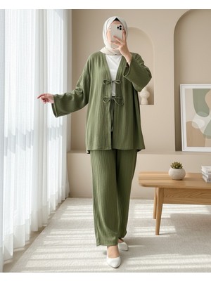 Moda Morfo Önü Çift Bağcıklı Pantolonlu Krınkıl Takım    -Haki