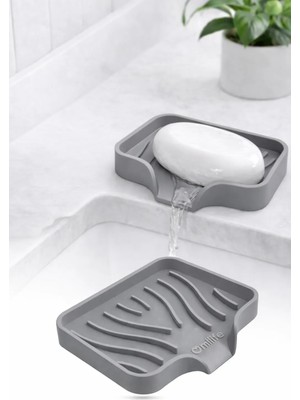 Omilife Gri Silikon Sabunluk Vantuzlu Su Giderli Kaymaz Tabanlı – Banyo Mutfak Sabun Organizer