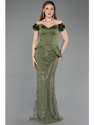 Abiyefon Kayık Yaka Çiçek Aplikeli Uzun Boncuklu Abiye ABU5616