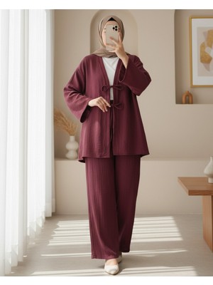 Moda Morfo Önü Çift Bağcıklı Pantolonlu Krınkıl Takım    -Bordo