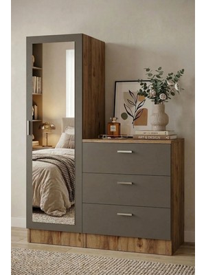 Robin Home Alice Aynalı Şifonyer Gardırop Çam-Gri