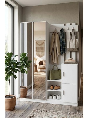 Robin Home Lina Aynalı Vestiyer Portmanto Ayakkabılık Beyaz
