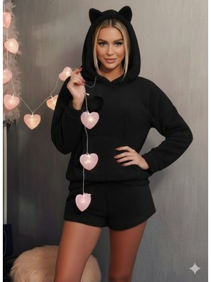 Runiquehome Kadın Uzun Kollu Kapşonlu Peluş Bluz ve Kısa Short Ikili Takım
