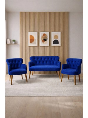 Azra Mobilya Babyface Kumaş Modern Çay Seti Koltuk Takımı 2+1+1 – Ahşap Ceviz Ayak Saks Mavi