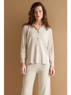 Desen Triko Kadın Polo Yaka Uzun Kollu Ince Triko Ceket Bej