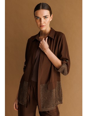 Desen Triko Kadın Eteği ve Kol Ucu Fileli Yazlık Ceket Kahve