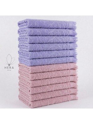 Hera Textile 12'li 6 Adet Mor-6 Adet Gülkurusu Pamuklu El ve Mutfak Havlusu 30x50