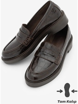 Marjin Kadın Loafer Günlük Klasik Ayakkabı Casual Makosen Fonle Kahve Croco