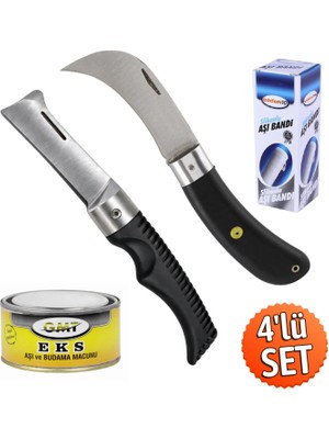Badem10 4'lü Set Aşı Bıçağı Eğri Uçlu Bağ Bıçağı Çakısı + Aşı Bandı + Macunu + Düz Uçlu Açı Bıçak