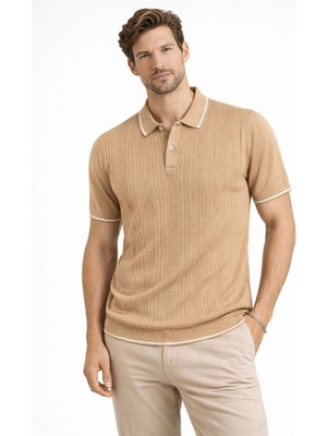 MidasTech Erkek Düğmeli Yaka Triko Dokuma Tişört Desenli Yazlık Şık Günlük Triko Tişört - Kahvereng