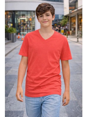 MidasTech Genç Erkek Çocuk V Yaka Tişört Model - Nar Çiçeği