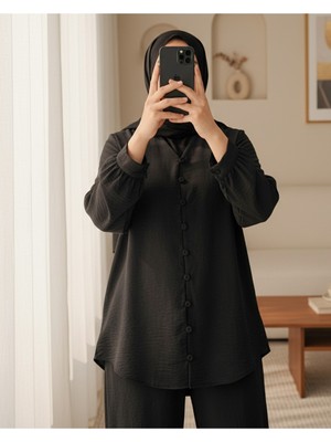 Modamorfo V Yaka Düğmeli Pantolonlu Ayrobin Takım -Siyah