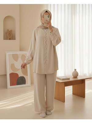 Modamorfo V Yaka Düğmeli Pantolonlu Ayrobin Takım -Bej