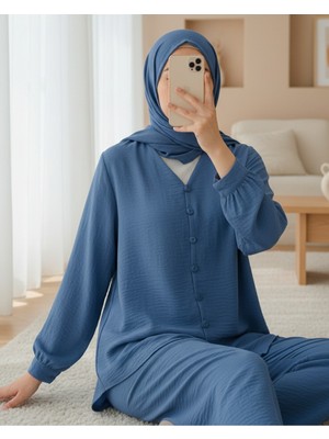 Modamorfo V Yaka Düğmeli Pantolonlu Ayrobin Takım -Indigo