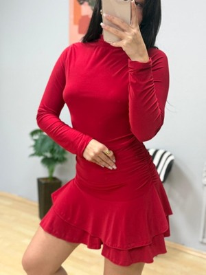 Munn Collection Kadın Uzun Kollu Balıkçı Yaka Mini Fırfırlı Sandy Elbise