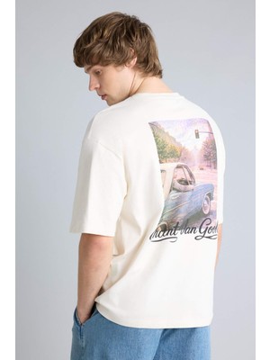 DeFacto %100 Pamuk Van Gogh Boxy Fit Slogan Desenli Kısa Kollu Tişört H2473AX26SP