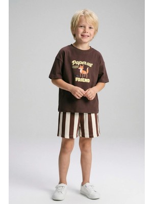Monila Erkek Çocuk Kahverengi Tilki Baskılı T-Shirt ve Çizgili Şort Alt Üst Takım
