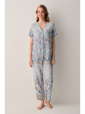Suwen Blue Gömlek Yaka Pijama Takımı
