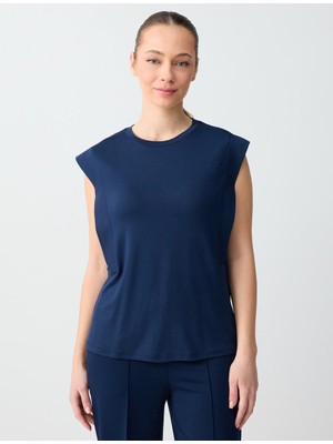 Jimmy Key Lacivert Düz Kesim Bisiklet Yaka Kolsuz Örme Bluz