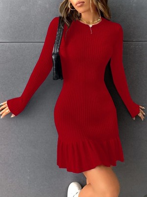 Nnstartshopping  Kadın Bisiklet Yaka Uzun Kol Etek Ucu Fırfırlı Triko (Polyenit) Mini Boy Elbise