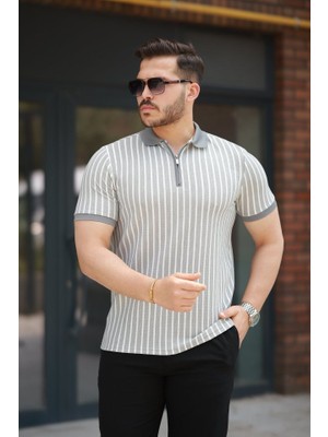 Bi Baksana Erkek Çizgili Fermuar Yakalı Kısa Kollu Tişört