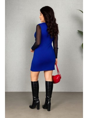 Sun & North Sun&north Kadın Uzun Kollu V Yakalı Tül Detaylı Mini Kaşkorse Elbise