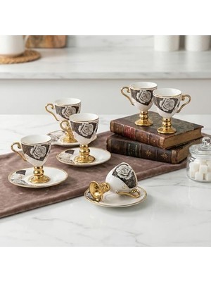 Skygo 6 Kişilik Lüks Ayaklı Porselen Türk Kahvesi Fincan Takımı, Siyah Beyaz Gül Desenli ve Yaldız Detaylı, 12 Parça Kadeh Formlu Çeyizlik Sunum Seti