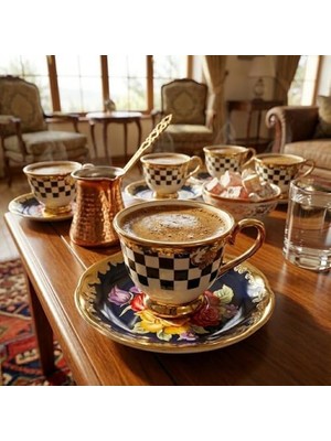 Skygo 6 Kişilik Porselen Türk Kahvesi Fincan Takımı - Siyah Beyaz Damalı, Yaldızlı ve Renkli Çiçek Desenli Tabaklı 12 Parça Lüks Sunum Seti