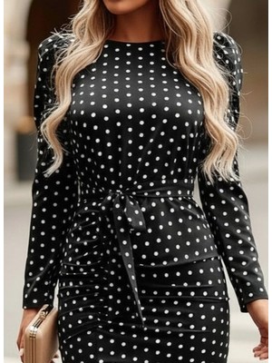 Gacha Kadın Uzun Kollu Yuvarlak Yaka Belden Kuşaklı Önden Yırtmaçlı Örme Krep Elbise