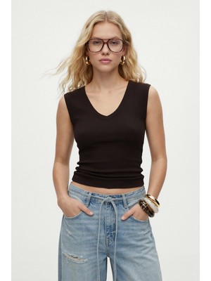 Ritnice Kadın Marriot Lux Touch V Yaka Kolsuz Kahverengi Örme Bluz