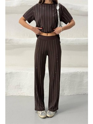 Dip Moda Kadın Kahverengi Taş Şerit Detaylı Kısa Kol Basic Ikili Takım DPG129