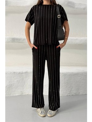 Dip Moda Kadın Siyah Taş Şerit Detaylı Kısa Kol Basic Ikili Takım DPG129