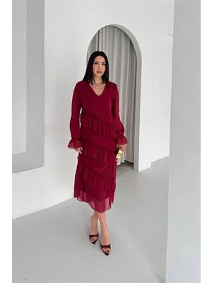 Dip Moda Kadın Bordo V Yaka Kat Kat Fırfır Detaylı Midi Boy Şifon Elbise DPK079