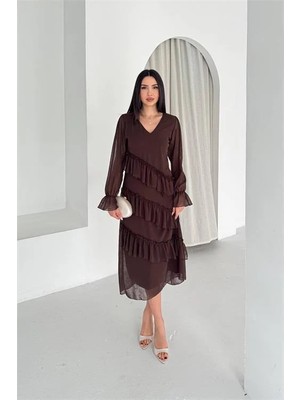 Dip Moda Kadın Kahverengi V Yaka Kat Kat Fırfır Detaylı Midi Boy Şifon Elbise DPK079