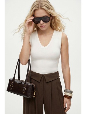 Ritnice Kadın Marriot Lux Touch V Yaka Kolsuz Ekru Örme Bluz