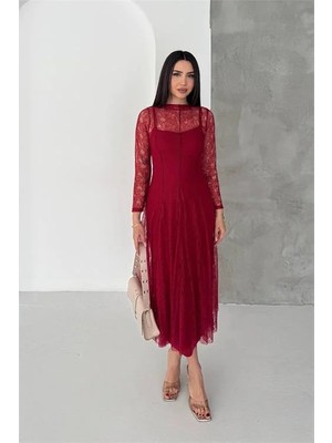Dip Moda Kadın Bordo Midi Boy Transparan Detaylı Astarlı Dantel Elbise DPK080