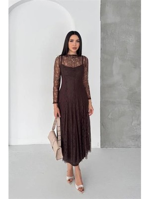 Dip Moda Kadın Kahverengi Midi Boy Transparan Detaylı Astarlı Dantel Elbise DPK080