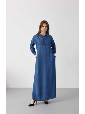 Neways 6668-KAPŞONLU Süs Kroşetalı Elbise Koyu Mavi