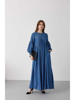 Neways 6672- Büzgülü Tensel Elbise Koyu Mavi