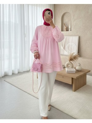 Modamorfo Dantel Detaylı Yakası Bağlamalı Kolu Lastikli Gömlek -Pembe