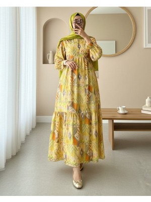 Modamorfo Yandan Bağcıklı Kolu Lastikli Yarım Düğmeli Viskon Elbise -Yağ Yeşili