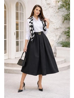Dip Moda Kadın Siyah Pileli Kemer Detaylı A Kesim Midi Boy Etek DPG127