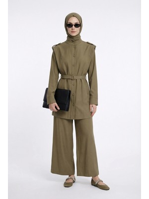 Armine Trend Omzu Allerli Kemerli Cepli Pantolonlu Ikili Takım Yeşil 26YT636