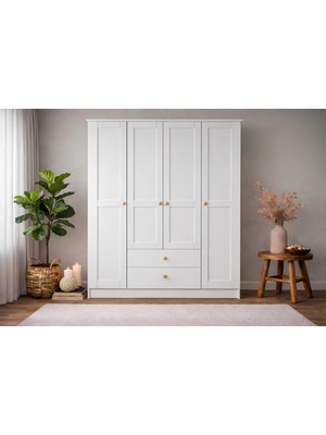 Spring 4 Kapaklı Gardırop - Mat Beyaz - Çekmeceli - Raflı - Boyalı Kapak