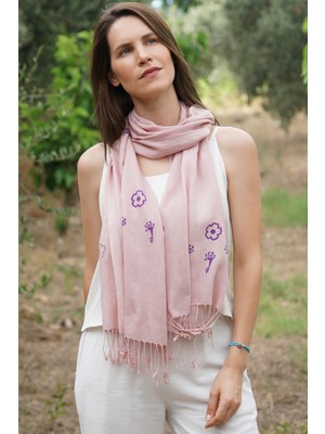 Defne Apollon İpekçilik %100 Barış İpeği El Dokuması Fular - Ahşap Baskı Çiçek Desen 45 x 190 cm