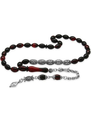 Tesbihane Kararmaz Metal Püsküllü Kişiye Özel Isim Yazılı Kırmızı-Siyah Ateş Kehribar Tesbih