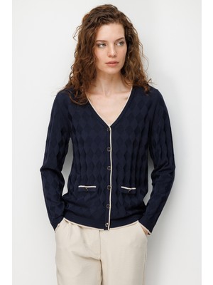 Desen Triko Kadın V Yaka Küçük Baklava Desenli Ince Triko Hırka K.lacivert