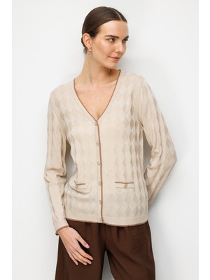 Desen Triko Kadın V Yaka Küçük Baklava Desenli Ince Triko Hırka Bej