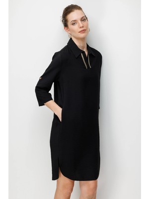 Desen Triko Kadın Yakası Yaldız Işlemeli Elbise Siyah